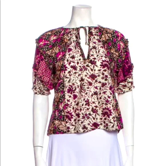 🎉HP🎉 ULLA JOHNSON Nuru white/pink batik tie neck crop top cotton/silk, S… - Picture 1 of 4